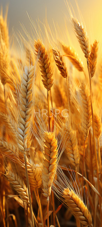 High Resolution: Golden wheat stalks in full sunlight showcase their textured grains and delicate awns against an orange-hued sky at sunset revealing intricate details download. | HRJPG.com