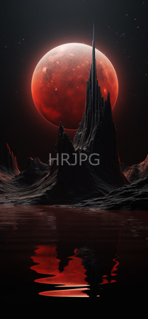 High Resolution: Eerie dark landscape with jagged black mountains reflecting in still water at its base under a large red moonlit sky filled with stars download. | HRJPG.com