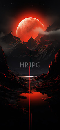 High Resolution: Eerie mountainous landscape at night with sharp peaks and valleys reflected in still water below a large red celestial body dominates the sky casting vivid reflections download. | HRJPG.com