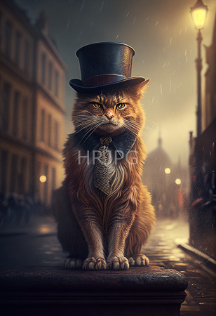 High Resolution: Orange tabby feline with green eyes sits on a wet cobblestone street at night wears a black top hat and striped tie collar with rain falling gently under dim lamplight download. | HRJPG.com