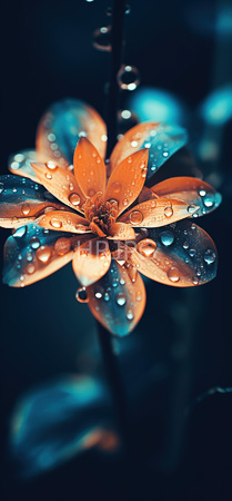 High Resolution: Orange flower with six petals each adorned with glistening water droplets against a dark blue background with soft focus on surrounding leaves download. | HRJPG.com