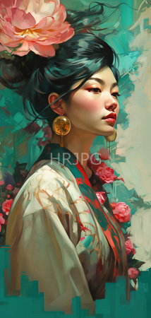 High Resolution: Asian woman with fair skin and black hair in an updo adorned by large pink flowers wears traditional attire with red accents on her white robe and gold circular earrings download. | HRJPG.com