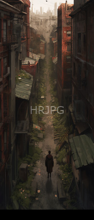 High Resolution: Overcast narrow alleyway between dilapidated red-brick buildings with rusted fire escapes and green roofs with a solitary figure walking away from view download. | HRJPG.com