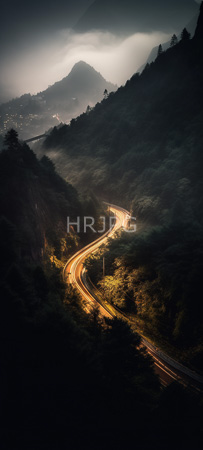 High Resolution: Early morning misty mountain landscape features winding illuminated train tracks cutting through dense forested hillsides with small villages in the background download. | HRJPG.com