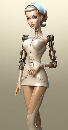 High Resolution: Attractive humanoid mechanical figure with light skin and blonde hair wears metallic beige armor-like dress that accentuates her curves and mechanical arms download. | HRJPG.com