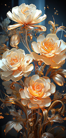 High Resolution: Golden glowing white roses with intricate petals and yellow centers on metallic stems against a dark blue background with reflective gold edges in an elegant baroque style download. | HRJPG.com