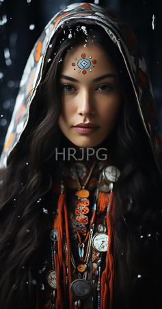 High Resolution: Ethereal woman with long wavy dark hair and olive skin wears ornate jewelry including coins on her chest and intricate red facial markings resembling tribal artistry download. | HRJPG.com