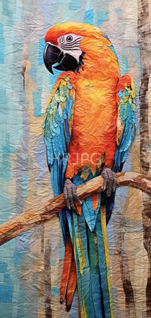 High Resolution: Intricately detailed colorful quilt depicting a vibrant blue and orange parrot perched on a branch against a textured background with abstract patterns download. | HRJPG.com