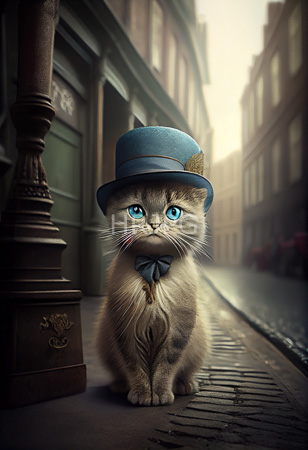 High Resolution: Adorable gray tabby kitten with bright blue eyes sitting on a cobblestone street in a Victorian-style alleyway wears a small turquoise top hat and matching bow tie download. | HRJPG.com