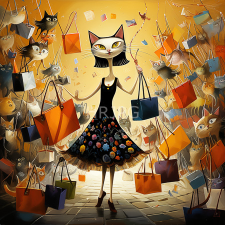 High Resolution: Anthropomorphic white feline with yellow eyes wears a black sleeveless dress adorned with colorful buttons and holds two shopping bags against a golden-yellow background download. | HRJPG.com