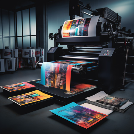 High Resolution: Industrial printing press in dim lighting produces vibrant prints with colorful cityscape images on glossy paper rolls and sheets scattered around its base download. | HRJPG.com