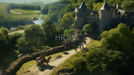 High Resolution: Medieval fortress features two prominent cone-shaped towers with three riders on horseback approaching the entrance on a stone path download. | HRJPG.com
