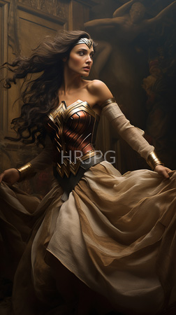 High Resolution: Female warrior figure with flowing brown hair wears iconic gold tiara and red-and-gold armored bustier over a tulle skirt in an ancient temple download. | HRJPG.com