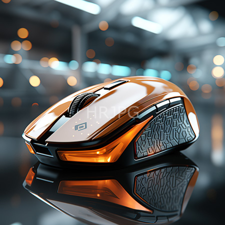 High Resolution: Orange and black ergonomic computer input device with a textured grip reflects blurred lights on a glossy surface download. | HRJPG.com