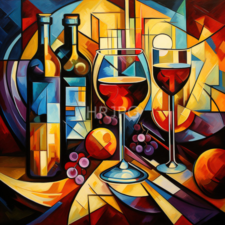 High Resolution: Abstract scene shows two stemmed glasses filled with red liquid and one tipped bottle against vibrant geometric patterns download. | HRJPG.com