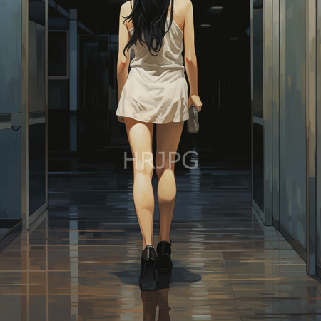 High Resolution: Anime-style figure walks away in a dim reflective hallway wearing a short white dress with bare shoulders holding a gray purse download. | HRJPG.com