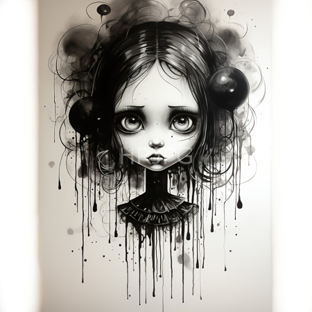 High Resolution: Intricate monochrome drawing shows a melancholic young girl whose dark hair flows into abstract splatters adorned by two spherical shapes download. | HRJPG.com
