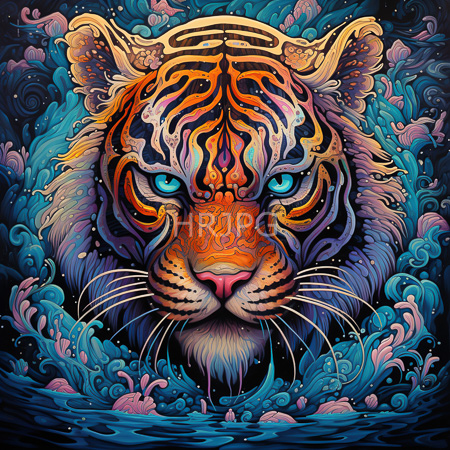 High Resolution: Intricately detailed vibrant feline face features swirling orange and black stripes set against dynamic blue waves adorned in pink flowers download. | HRJPG.com