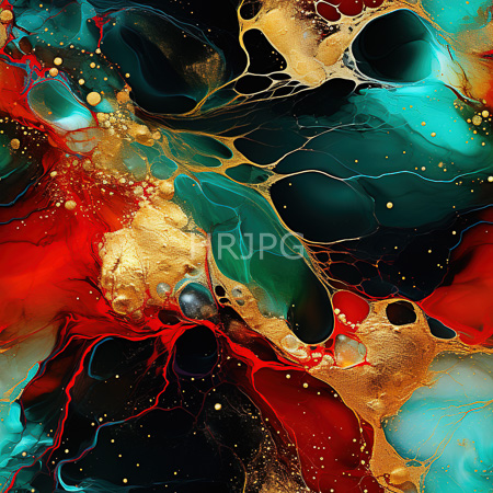 High Resolution: Abstract painting features vibrant swirling colors of reds blues greens and golds with golden veins intersecting through teal pools against a black background download. | HRJPG.com