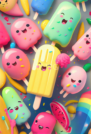 High Resolution: Colorful frozen treats with cute anime-style faces are scattered across an abstract gray background including smiling pink and yellow-striped ones download. | HRJPG.com
