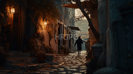 High Resolution: Atmospheric narrow cobblestone alley at dusk features dim warm light from lanterns illuminating stone buildings with potted plants and wooden doors download. | HRJPG.com