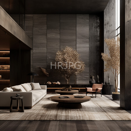 High Resolution: Modern minimalist interior features dark concrete walls floor-to-ceiling windows a white sofa and a pink armchair near a tall dried plant download. | HRJPG.com