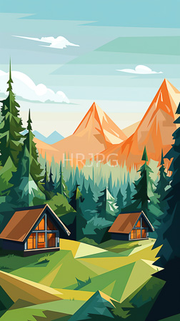 High Resolution: Two wooden cabins with brown roofs are nestled in green rolling hills surrounded by dense evergreen trees under an azure sky download. | HRJPG.com