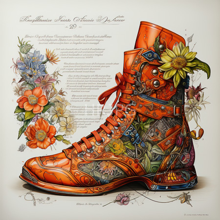 High Resolution: Intricately detailed orange leather footwear is adorned with vibrant floral patterns sunflowers steampunk gears buttons and elegant cursive text download. | HRJPG.com