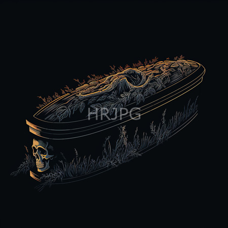 High Resolution: Ornate black casket adorned with intricate gold leaf patterns and a prominent human skull is surrounded by detailed grass-like foliage download. | HRJPG.com