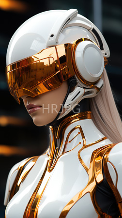 High Resolution: Figure with long platinum blonde hair wears futuristic white and gold armor featuring reflective orange visor goggles covering the eyes download. | HRJPG.com