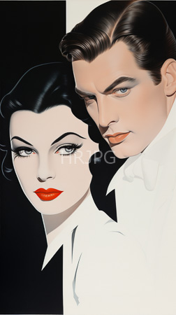 High Resolution: Illustrative mid-20th-century style features two stylized individuals with pale skin and dark hair against contrasting monochrome backgrounds download. | HRJPG.com