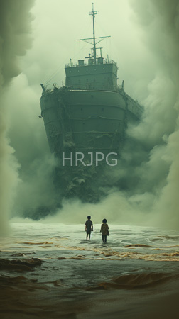 High Resolution: Two small silhouetted figures stand in shallow ocean water facing an enormous shipwreck shrouded by thick green fog and swirling mist download. | HRJPG.com