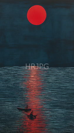 High Resolution: Two rowboats sit on calm water at sunset with an intense red celestial body casting reflections across ripples one boat holds a visible occupant silhouette download. | HRJPG.com