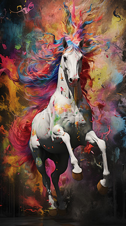 High Resolution: Energetic white equine with vibrant multicolored mane and tail flows dynamically against a chaotic background filled with abstract paint splashes while rearing download. | HRJPG.com