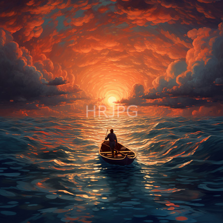 High Resolution: Solitary figure in a small wooden boat centered on a rippling ocean at sunset under vibrant orange and red clouds surrounding a glowing celestial body download. | HRJPG.com