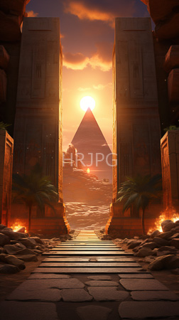High Resolution: Ancient Egyptian scene at sunset features two towering stone pillars framing steps leading to pyramids palm trees and torches line the path download. | HRJPG.com