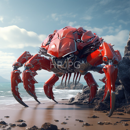 High Resolution: Enormous futuristic red crustacean with metallic armor and sharp claws stands on a rocky beach beside gentle waves under clear blue skies download. | HRJPG.com