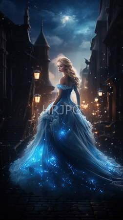 High Resolution: Elegant blonde princess figure in an off-the-shoulder blue gown with glowing star-like accents stands on a cobblestone street at night under moonlight download. | HRJPG.com