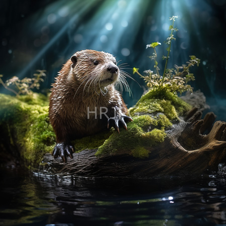 High Resolution: Alert wet brown mammal with dark claws and whiskers perches on a moss-covered log in a dim forest pond highlighted by sunlight beams download. | HRJPG.com