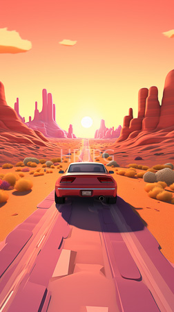 High Resolution: Orange-pink desert landscape at sunset features stylized red rock formations and cacti with a vintage pink muscle car centered on a straight road download. | HRJPG.com