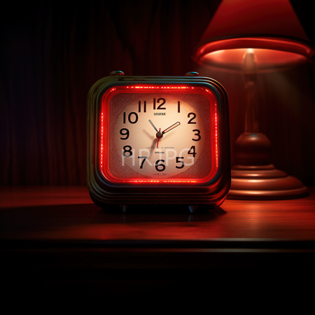 High Resolution: Illuminated vintage-style square alarm clock with red numerical lighting and black numerals positioned atop wooden furniture under soft ambient light download. | HRJPG.com