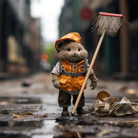 High Resolution: Anthropomorphic realistic-looking brown rodent wears an orange safety vest and matching hat holding a wooden broomstick on a wet street littered with leaves download. | HRJPG.com
