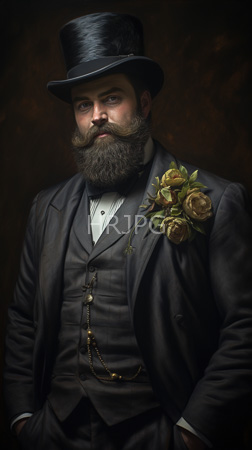 High Resolution: Bearded figure wears an elaborate black top hat Victorian-style three-piece suit adorned by gold chains and large brown roses pinned to one side download. | HRJPG.com