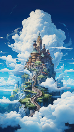 High Resolution: Enchanting floating castle is surrounded by fluffy white clouds and vibrant blue sky with winding stone pathways leading to its turrets on rocky cliffs download. | HRJPG.com