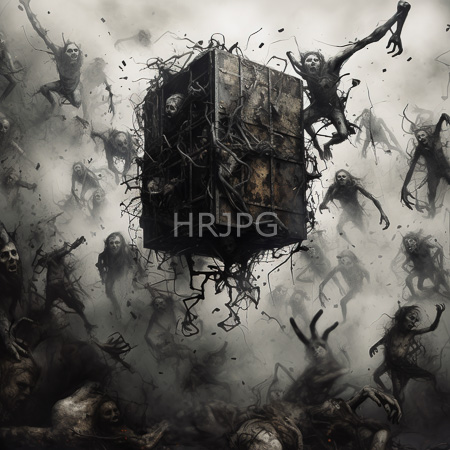 High Resolution: Dark surreal painting depicts eerie twisted humanoid creatures surrounding and attacking a large wooden cube suspended in mid-air by tangled roots amidst swirling fog download. | HRJPG.com