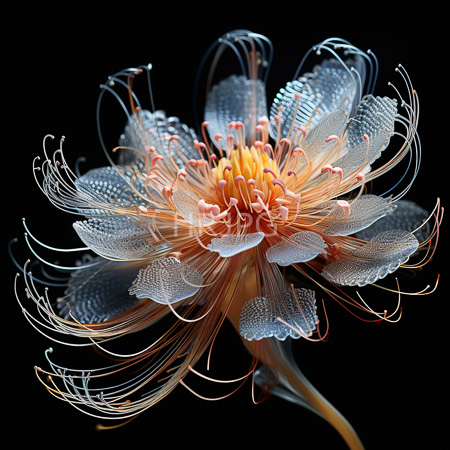 High Resolution: Intricate abstract flower structure features delicate white and translucent petals adorned in fine patterns resembling lacework or spider silk against a solid black background download. | HRJPG.com