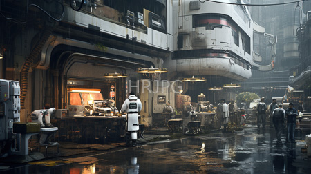 High Resolution: Urban futuristic street scene with rain-soaked pavement reflects light from overhead lamps large white spacecraft-like structures hang above narrow alleyways download. | HRJPG.com