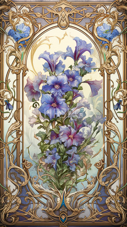 High Resolution: Ornate illustration features a bouquet of blue and purple flowers with green leaves at its center within an intricately designed gold frame adorned with swirling patterns download. | HRJPG.com