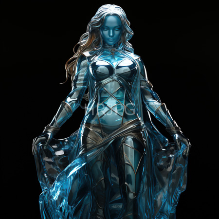 High Resolution: Ethereal blue-skinned figure with long wavy brown hair and closed eyes wears intricate metallic armor-like clothing adorned in reflective patterns resembling water or glass textures download. | HRJPG.com