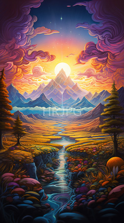 High Resolution: Ethereal vibrant landscape at sunset features purple and orange clouds framing mountains topped by glowing celestial bodies above a reflective river dotted with mushrooms download. | HRJPG.com